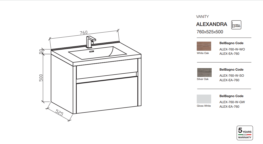 ALEXANDRA Wall Hung Vanity Gloss White 760mm - Clearance