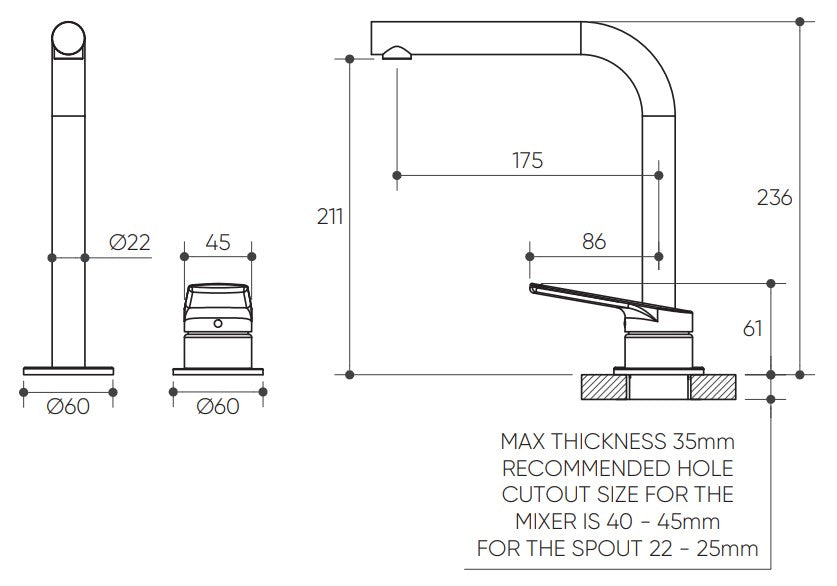 Sereia Hob Basin Mixer Set 175 Right Angle Spout Lead Free drawing