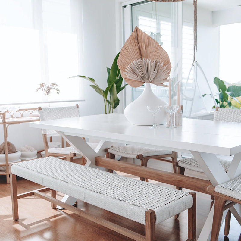 Sienna Woven Teak Bench Seat - White - Close Weave 1.52m