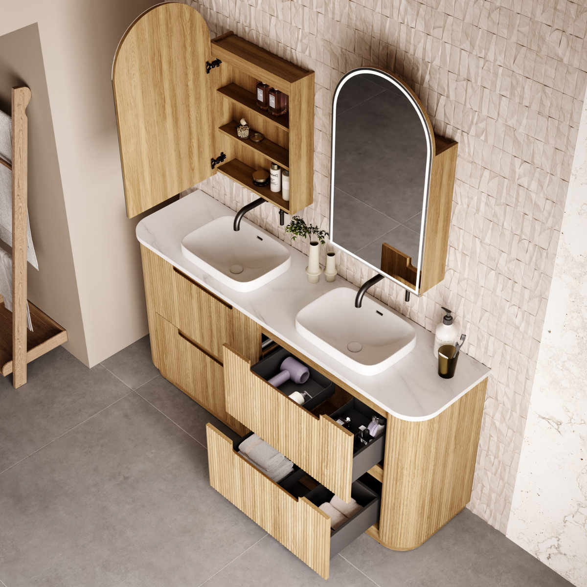 VARCELLI Floor Standing Curve Vanity Harvest Oak (All Sizes)