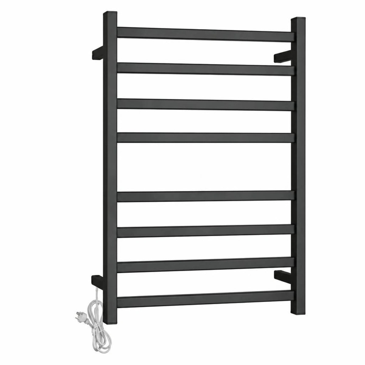 UNIVERSAL Square Stainless Steel Electric Heated Towel Rack 8 Bars Left Inlet Black