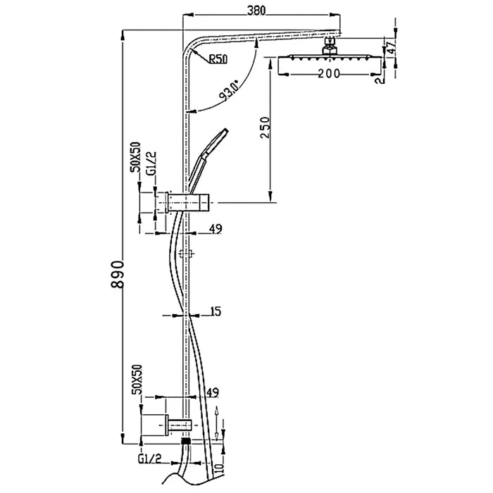 TARAN Chrome Twin Shower On Rail Top Inlet Square 200mm