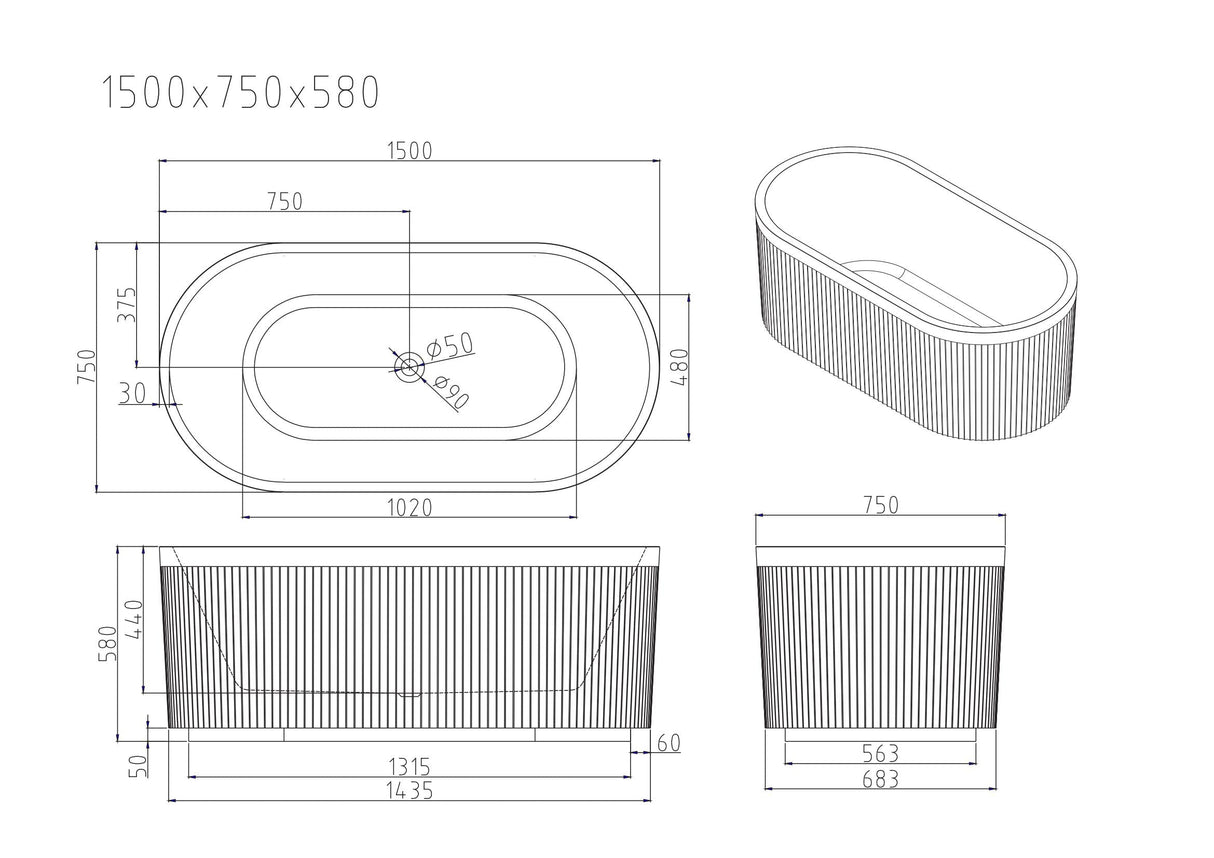 Tyler Freestanding Fluted Bathtub (Gloss White) (1500/1700mm) - Overflow