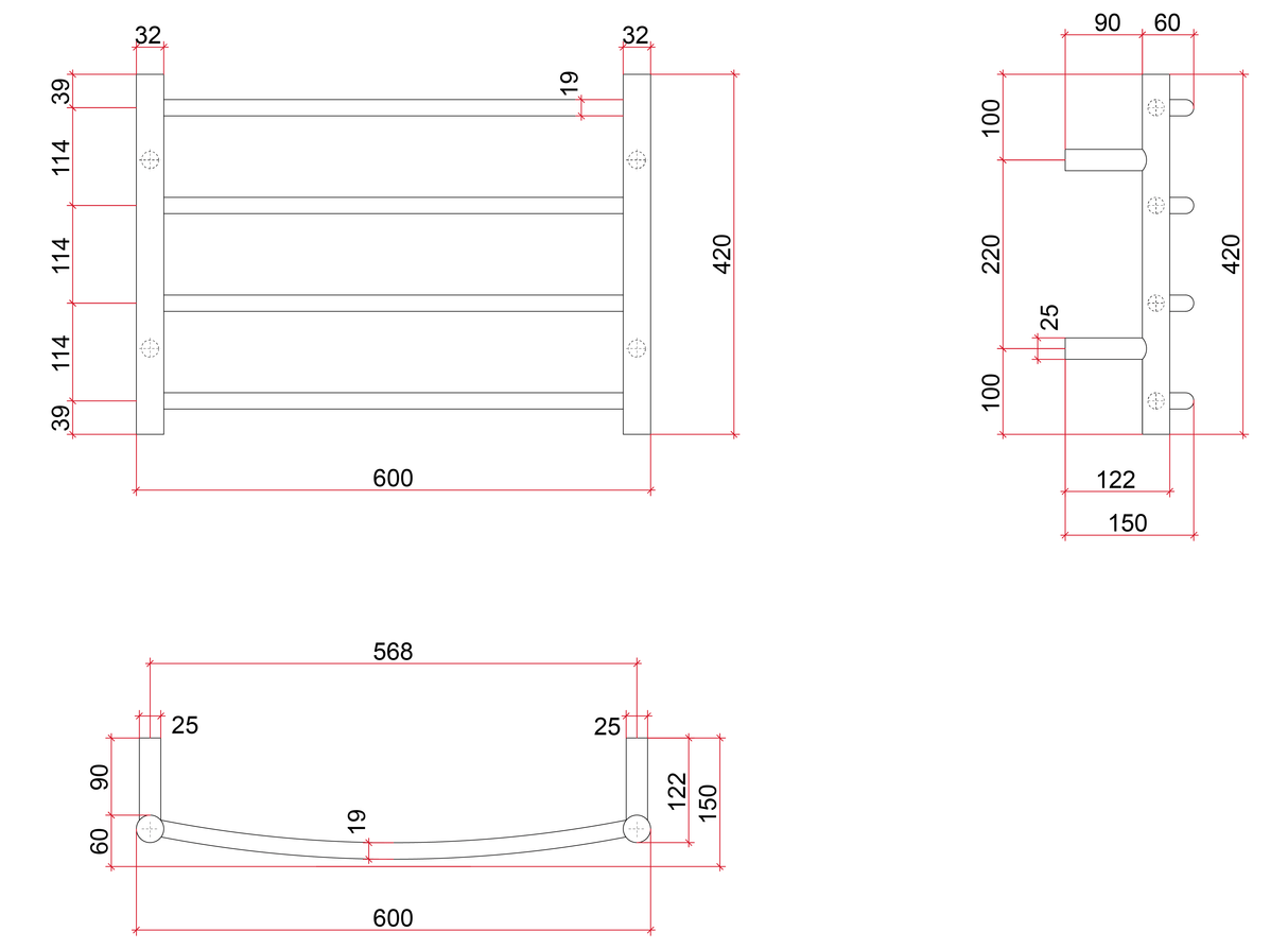 Thermorail Curved/Round 600x420x150mm 45Watts 4 Bars