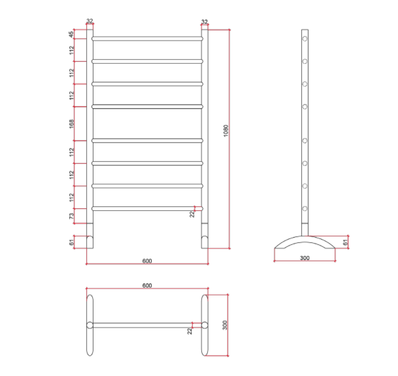 Thermorail Free Standing Straight/Round 600x1080x300mm 100Watts 8 Bars