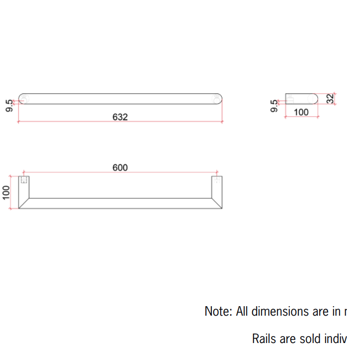 Thermorail Round Single Rail 632x32x100mm 18Watts