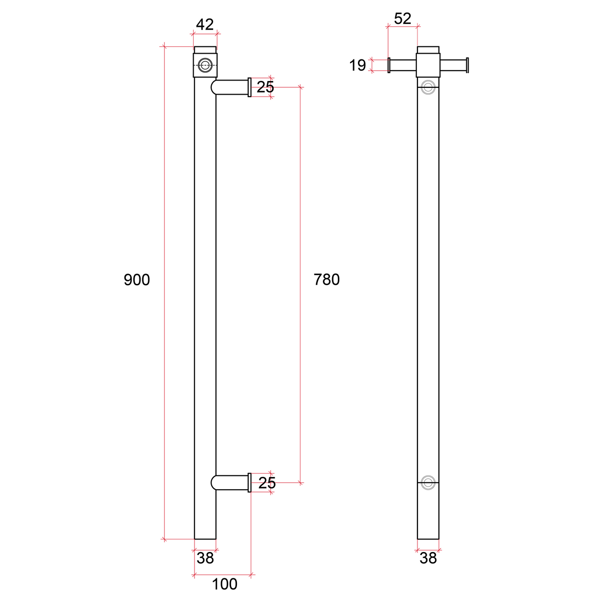 Thermorail Square 12Volt Vertical Bar 900x142x100mm 29Watts