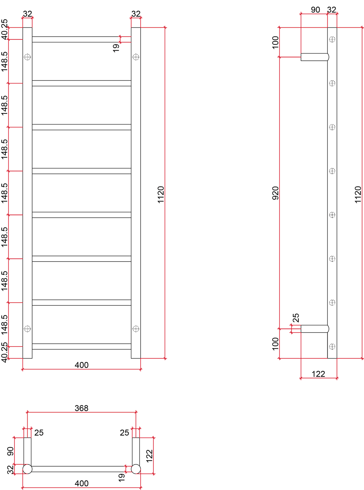 Thermorail Straight/Round 400x1120x122mm 65Watts 8 Bars