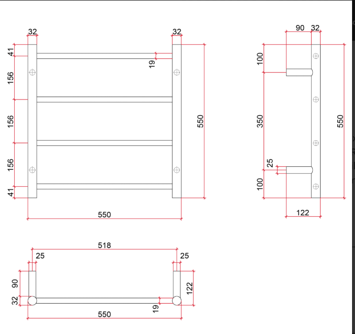 Thermorail Straight/Round 550x550x122mm 41Watts 4 Bars
