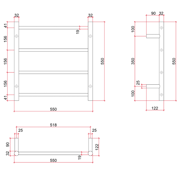 Thermorail Straight/Round 550x550x122mm 54Watts 4 Bars