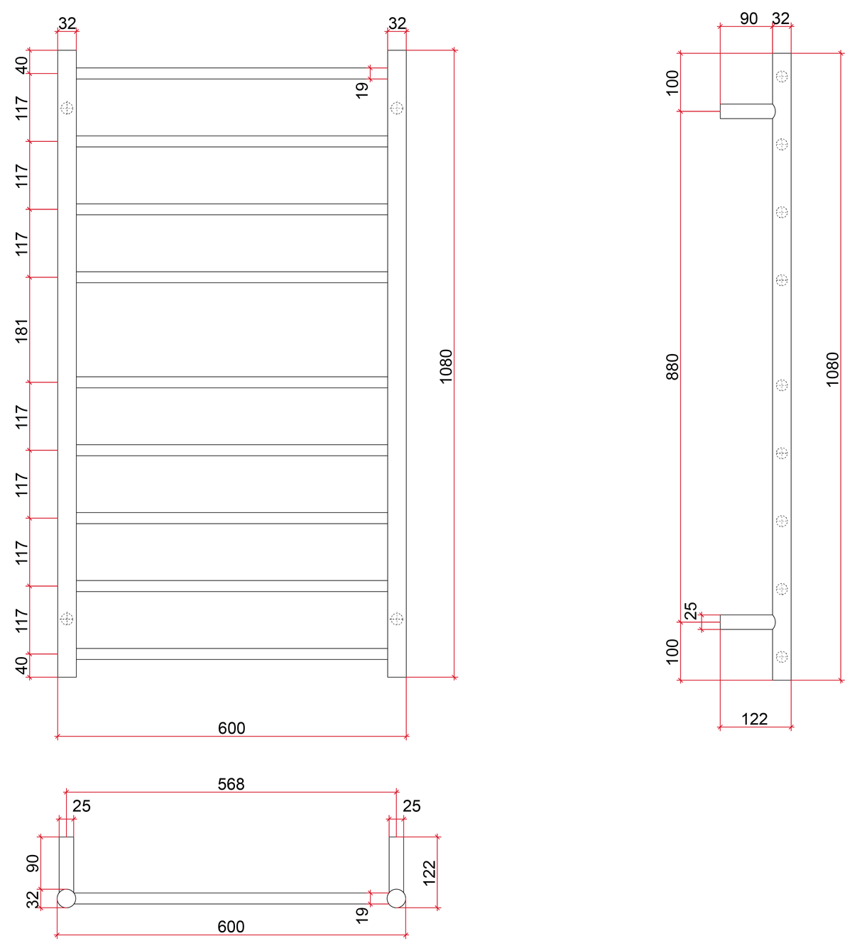 Thermorail Straight/Round 600x1080x122mm 103Watts 9 Bars