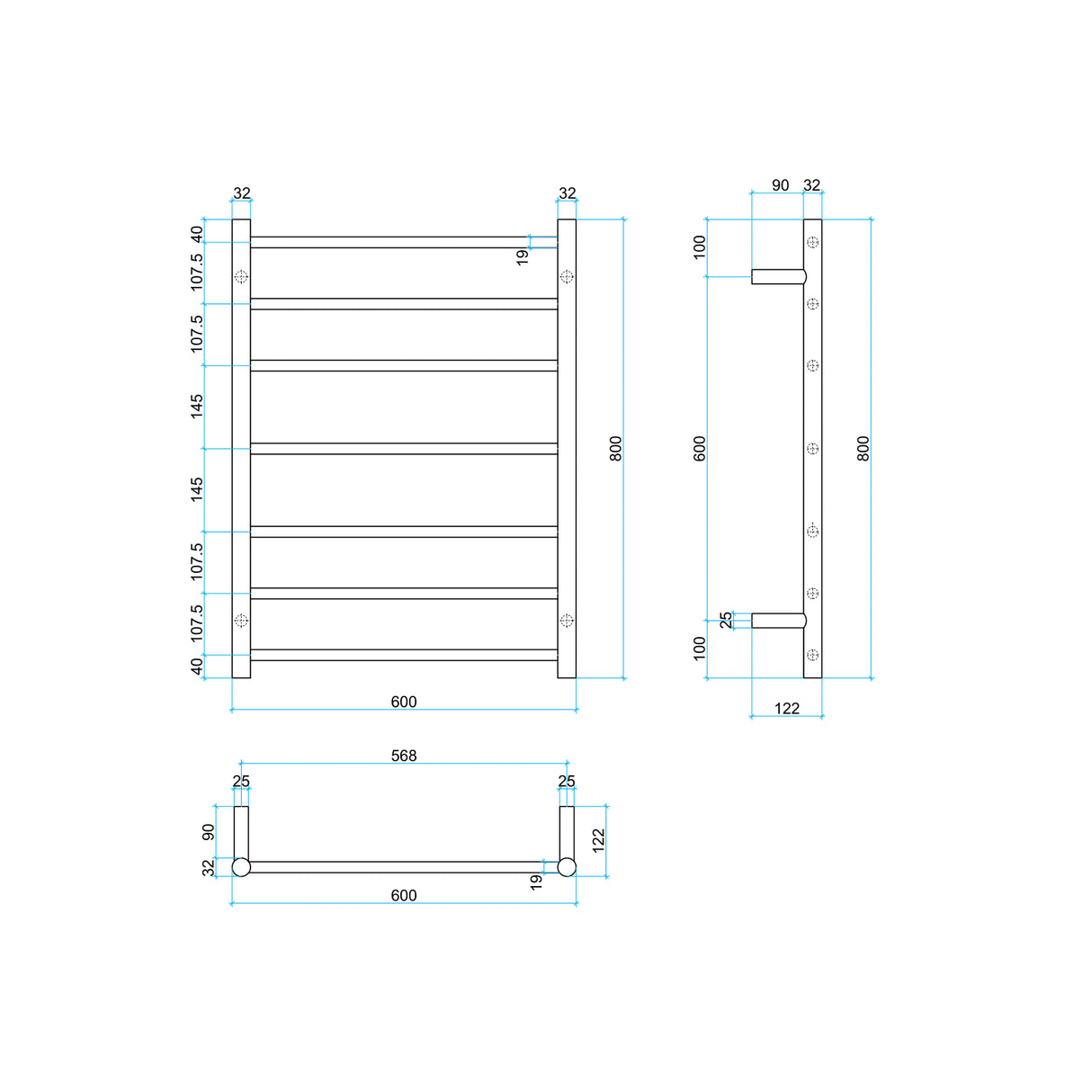 Thermorail Straight/Round 600x800x122mm 80Watts 7 Bars