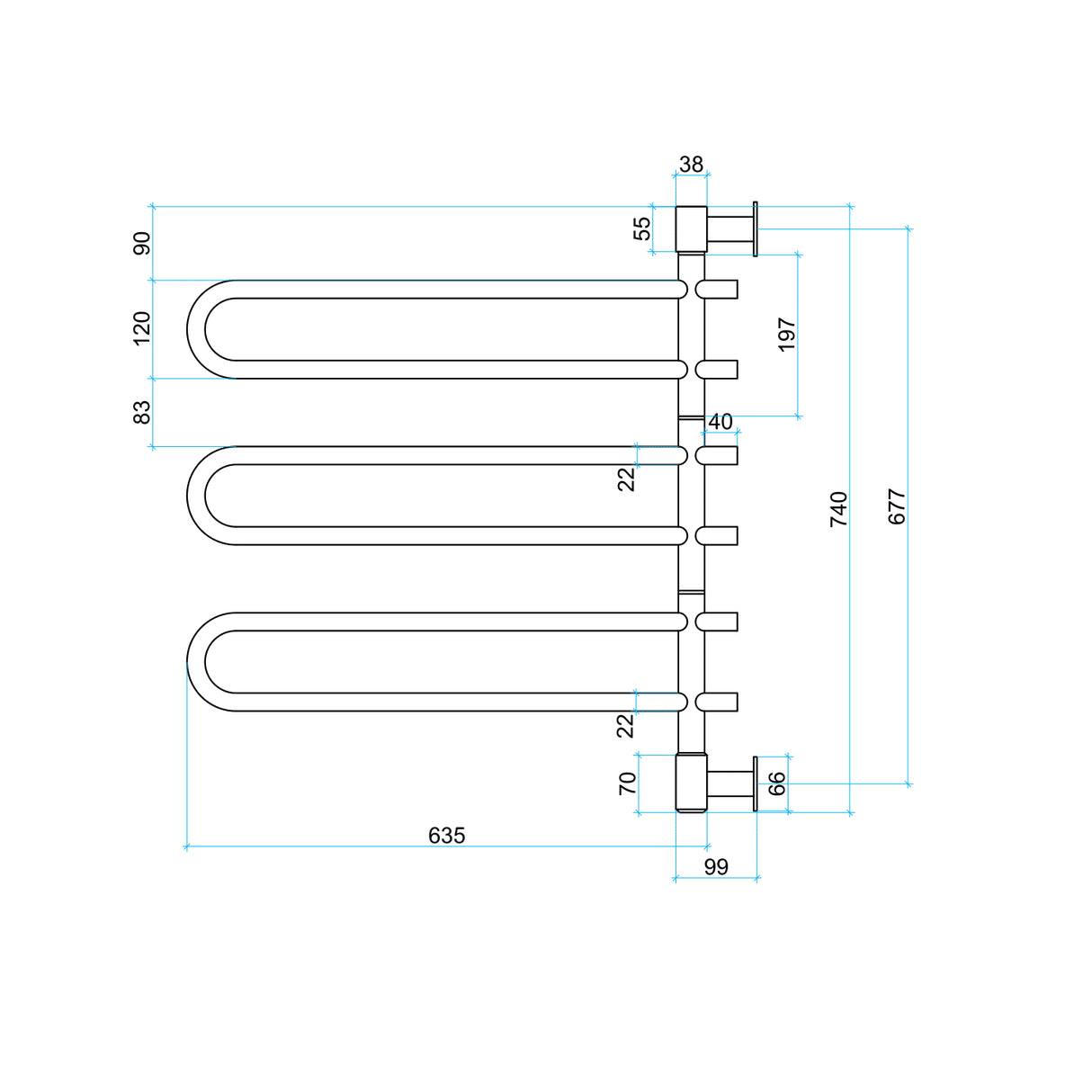 Thermorail Swivel, Straight/Round 675x740x99mm 77Watts