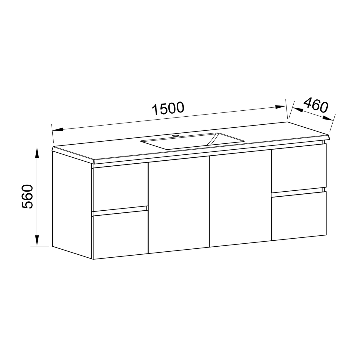 Timberline Carlo Wall Hung Vanity 1500mm Centre Bowl