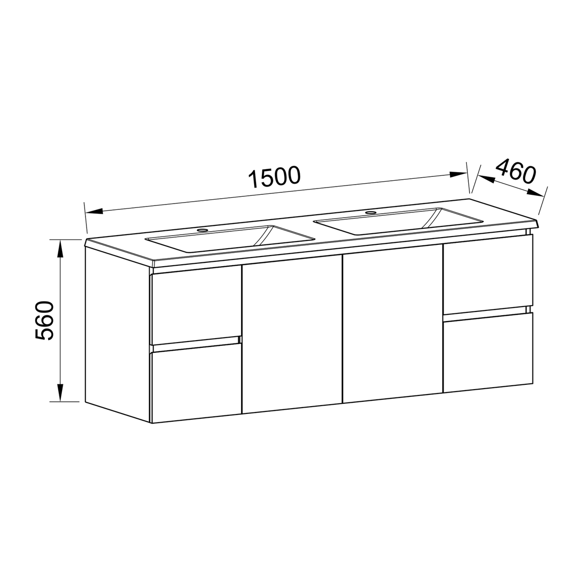 Timberline Carlo Wall Hung Vanity 1500mm Double Bowl