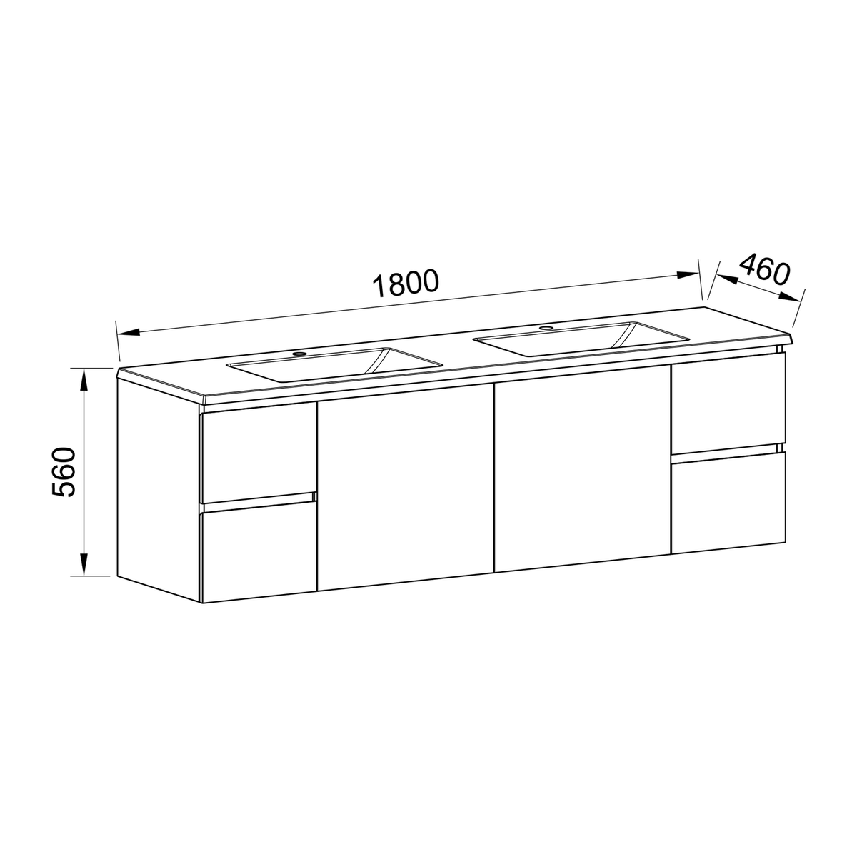 Timberline Carlo Wall Hung Vanity 1800mm Double Bowl
