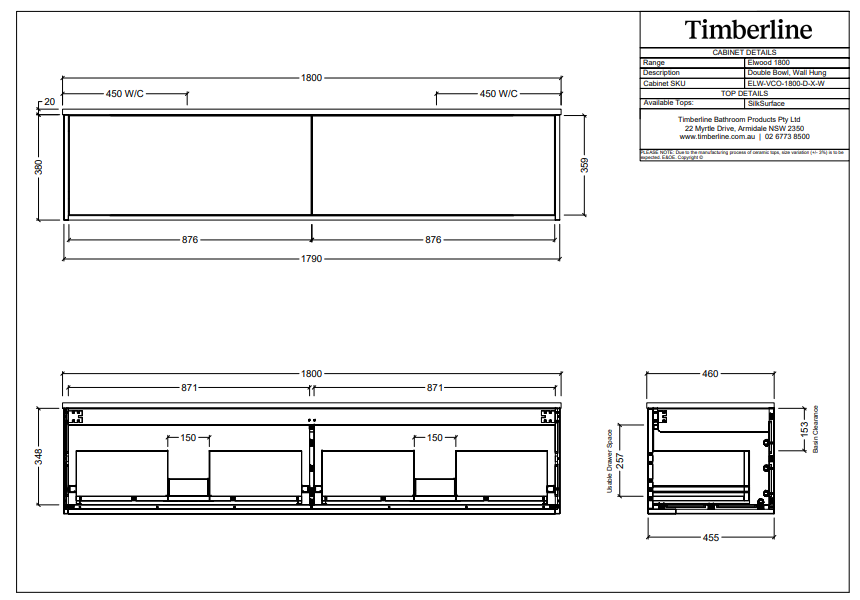 Timberline ELWOOD Wall Hung Vanity (All Sizes)