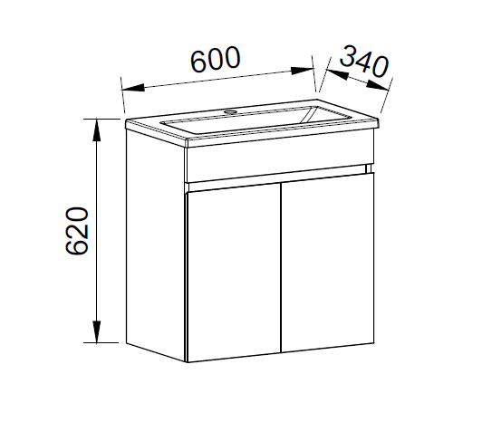 Timberline ENSUITE Space Saving Single Bowl Wall Hung Vanity (Drawing)