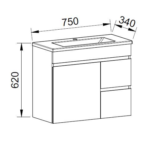 Timberline ENSUITE Space Saving Single Bowl Wall Hung Vanity (Drawing)