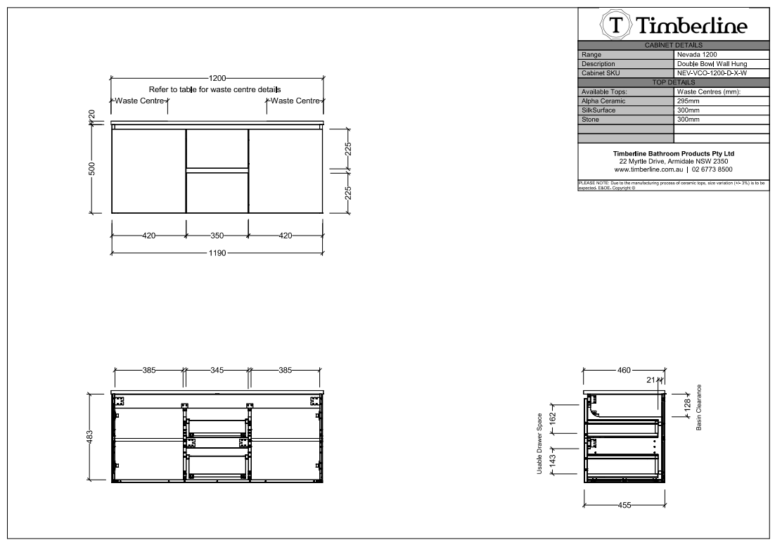 Timberline NEVADA Wall Hung Vanity - Cabinet Spec Sheet 1200