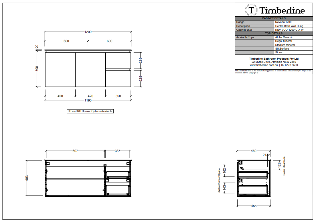Timberline NEVADA Wall Hung Vanity - Cabinet Spec Sheet 1200