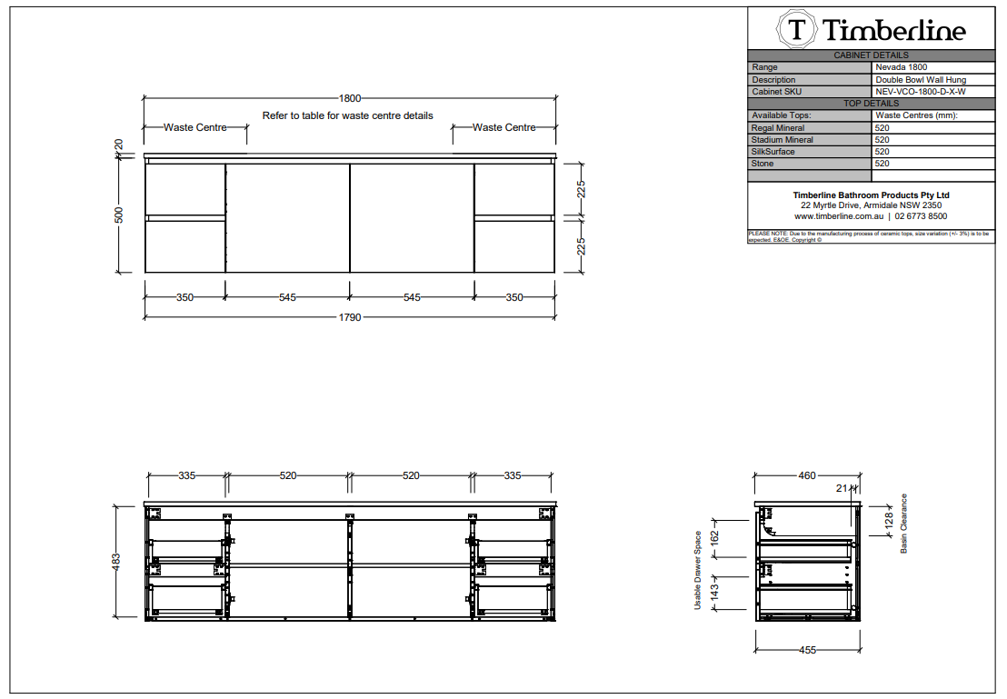 Timberline NEVADA Wall Hung Vanity - Cabinet Spec Sheet 1800