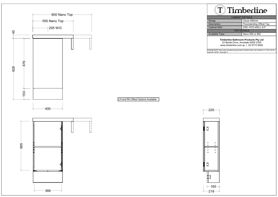 Timberline OSCAR Single Bowl Floor Standing Vanity (All Sizes)