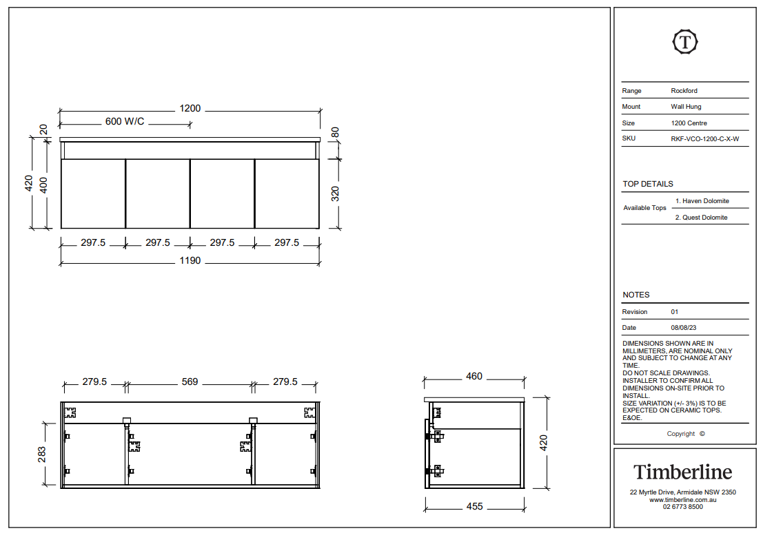 Timberline ROCKFORD Wall Hung Vanity (All Sizes)
