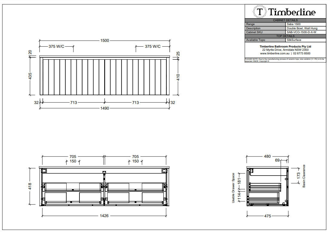 Timberline SABA Wall Hung Vanity (All Sizes)