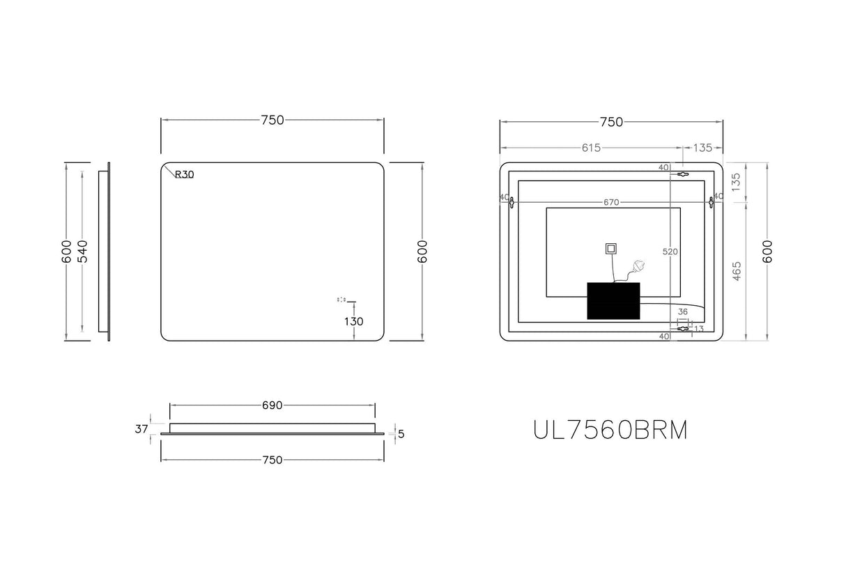 POS LED Rectangular Backlit Frameless Mirror 750/900