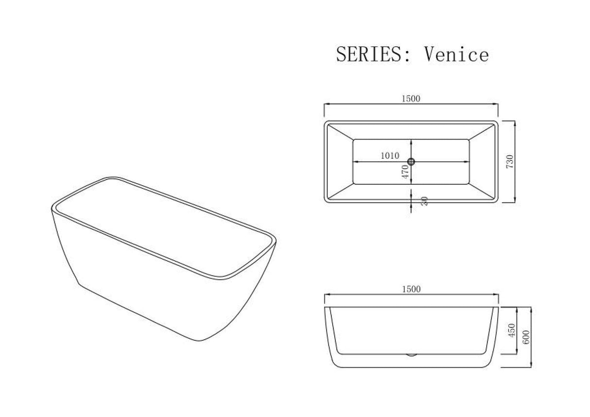 VENICE Gloss White FreeStanding Bathtub With Non-Overflow 1500mm
