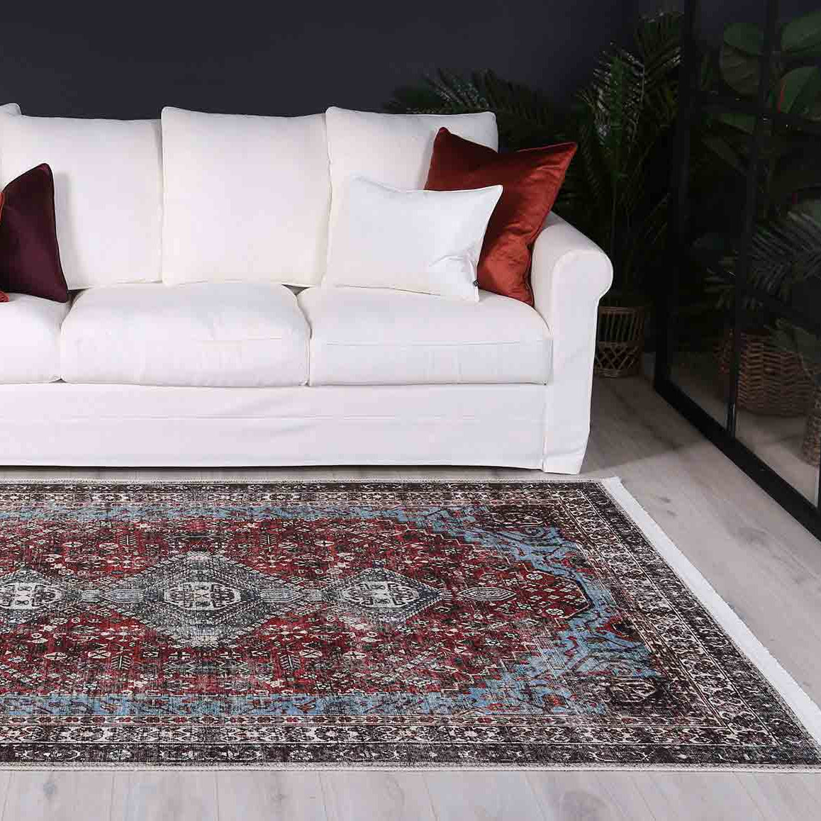 Loane Distressed Vintage Ruby & Sky Blue Rug - VITAL 2923-00 (with fringe)