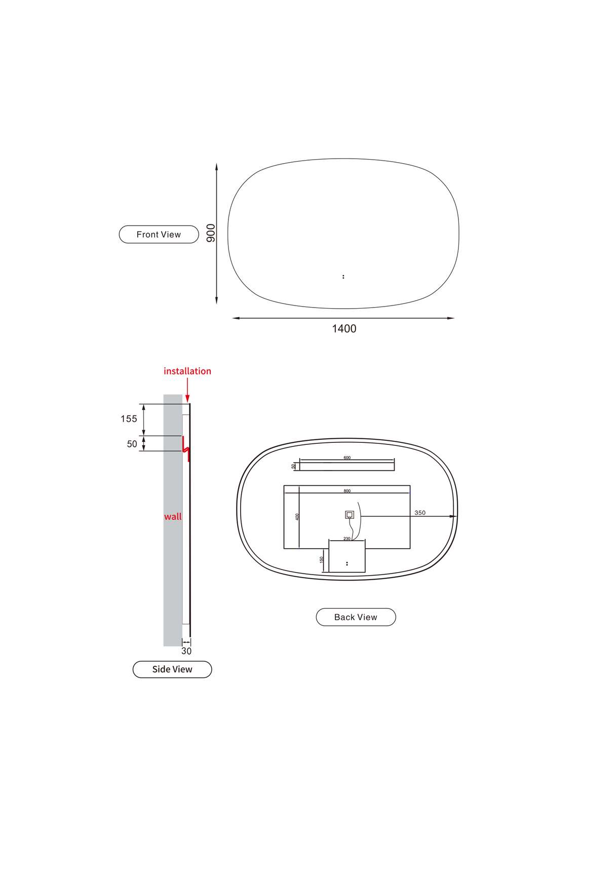 Valmont LED Dimmable Horizontal Oval Mirror 1400mm