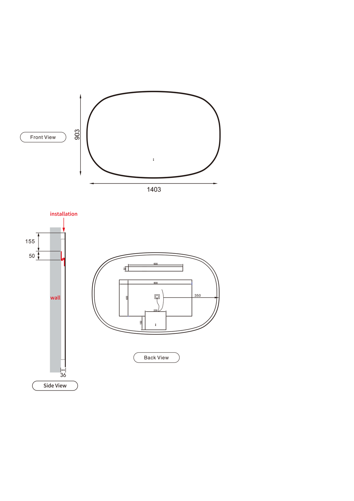 Valmont LED Dimmable Horizontal Oval Mirror 1400mm
