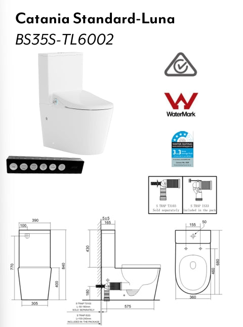 CATANIA Standard LUNA Rimless Back to Wall Smart Toilet Suite