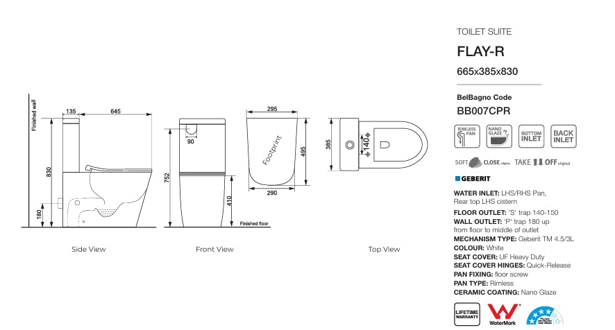 Flay-R Rimless Nano Glaze Toilet Suite (Gloss White)