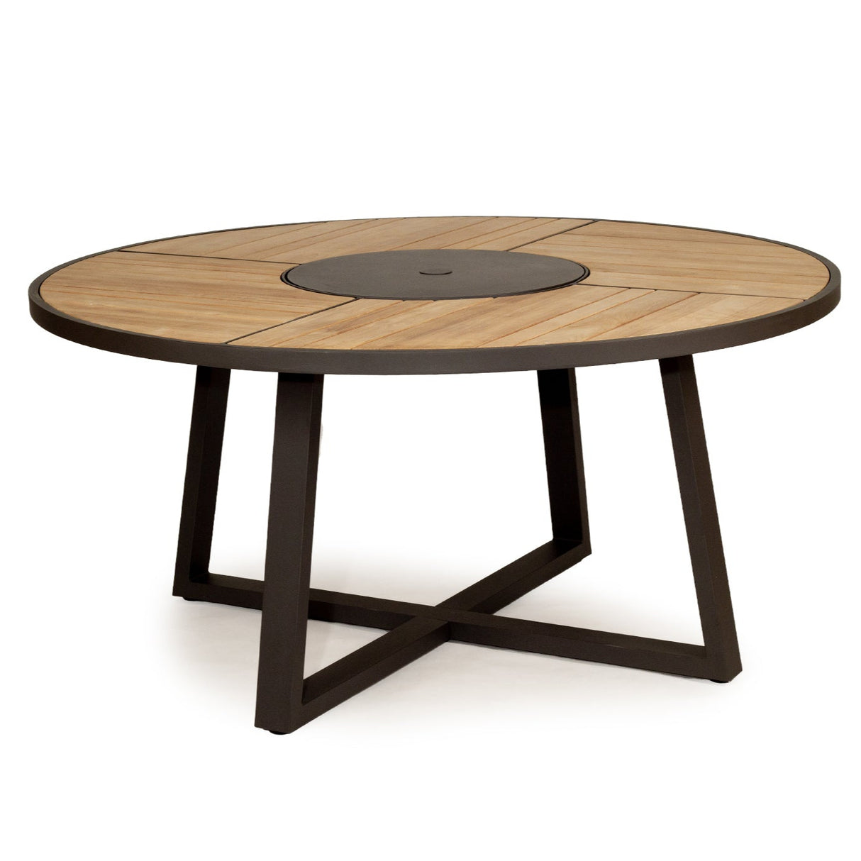 Weston Outpost Round Teak Dining Table – 1.6m – Asteroid Black (Charcoal) Powder Coated Legs