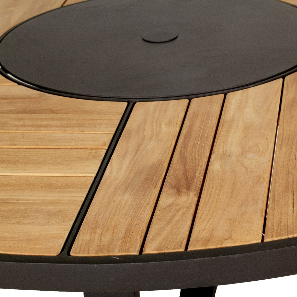 Weston Outpost Round Teak Dining Table – 1.6m – Asteroid Black (Charcoal) Powder Coated Legs