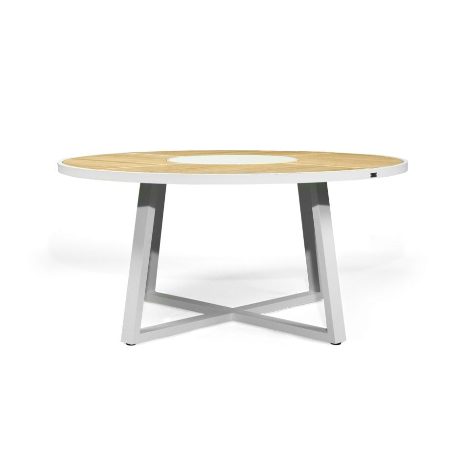 Weston Outpost Round Teak Dining Table – 1.6m – Whitley Pearl Powder Coated Legs