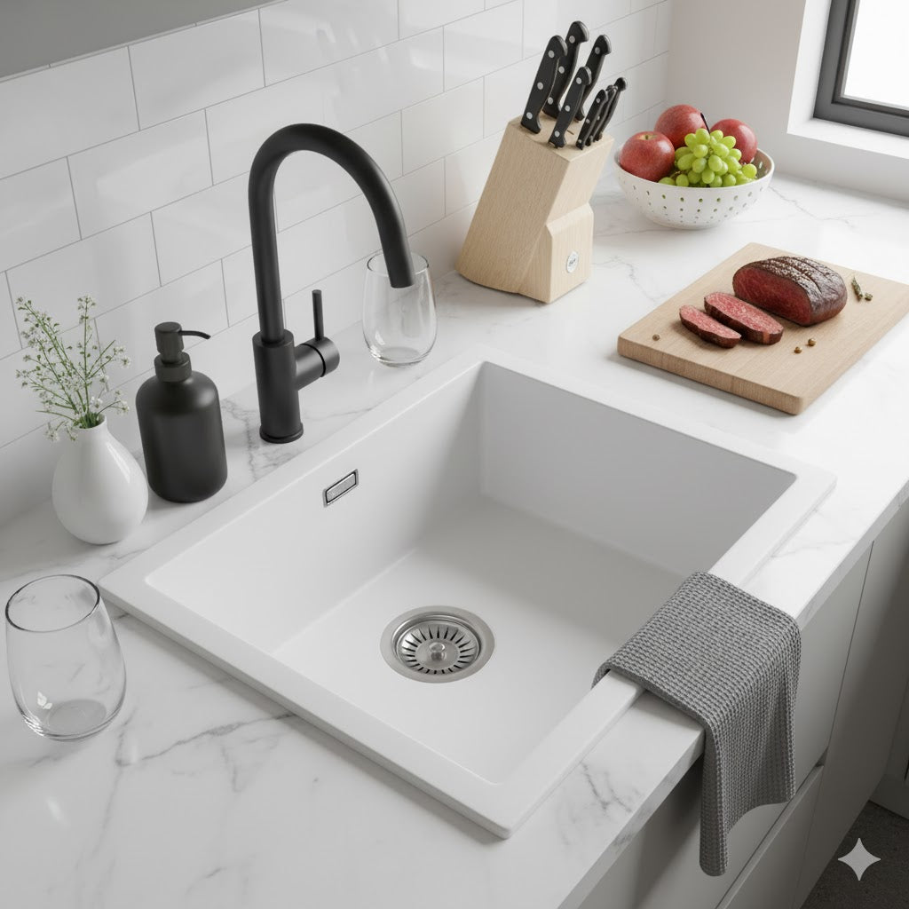 White Carysil Granite Single Bowl Kitchen Sink - 457x406mm