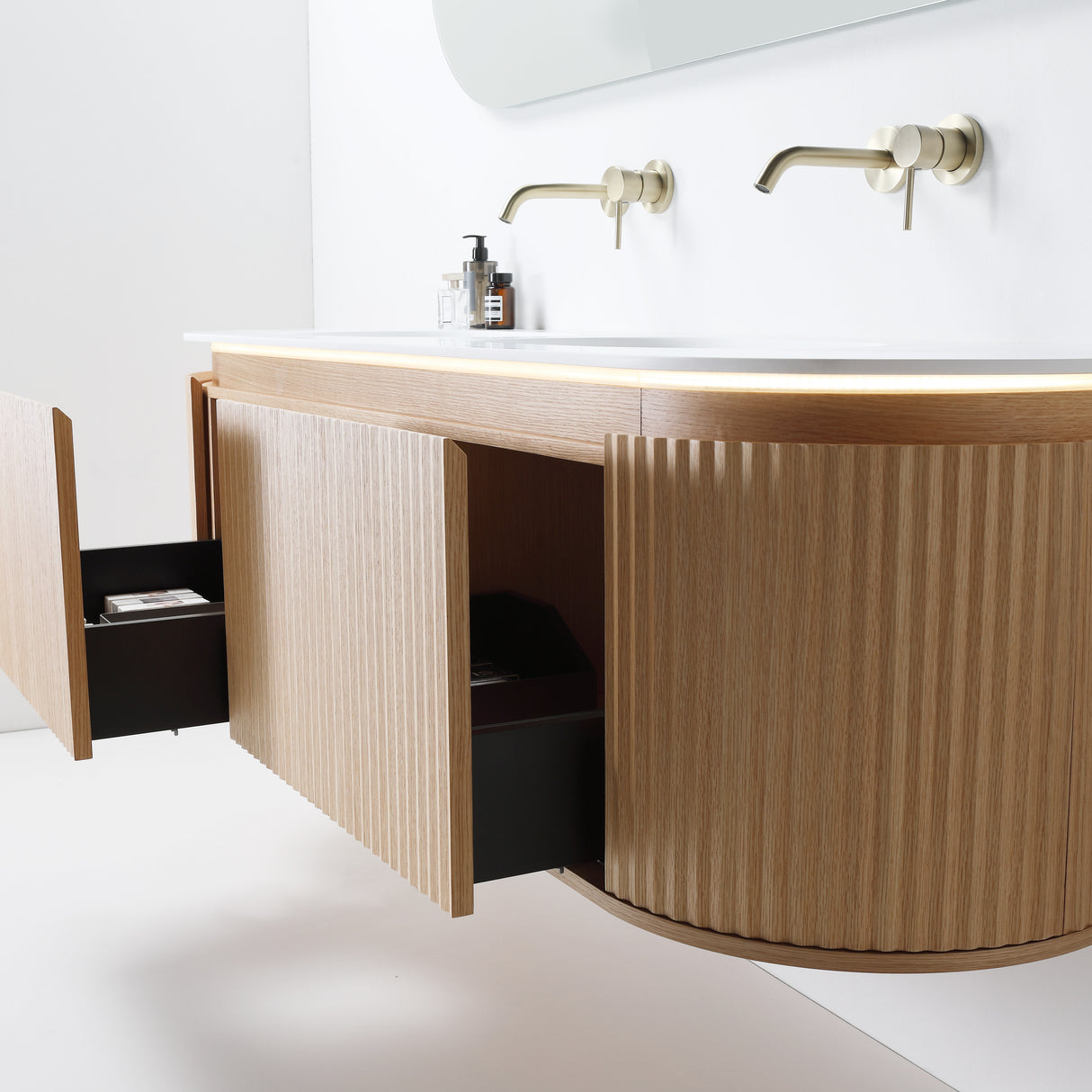ZURE SAINOS Wall Hung Curve Vanity Natural Oak Side View