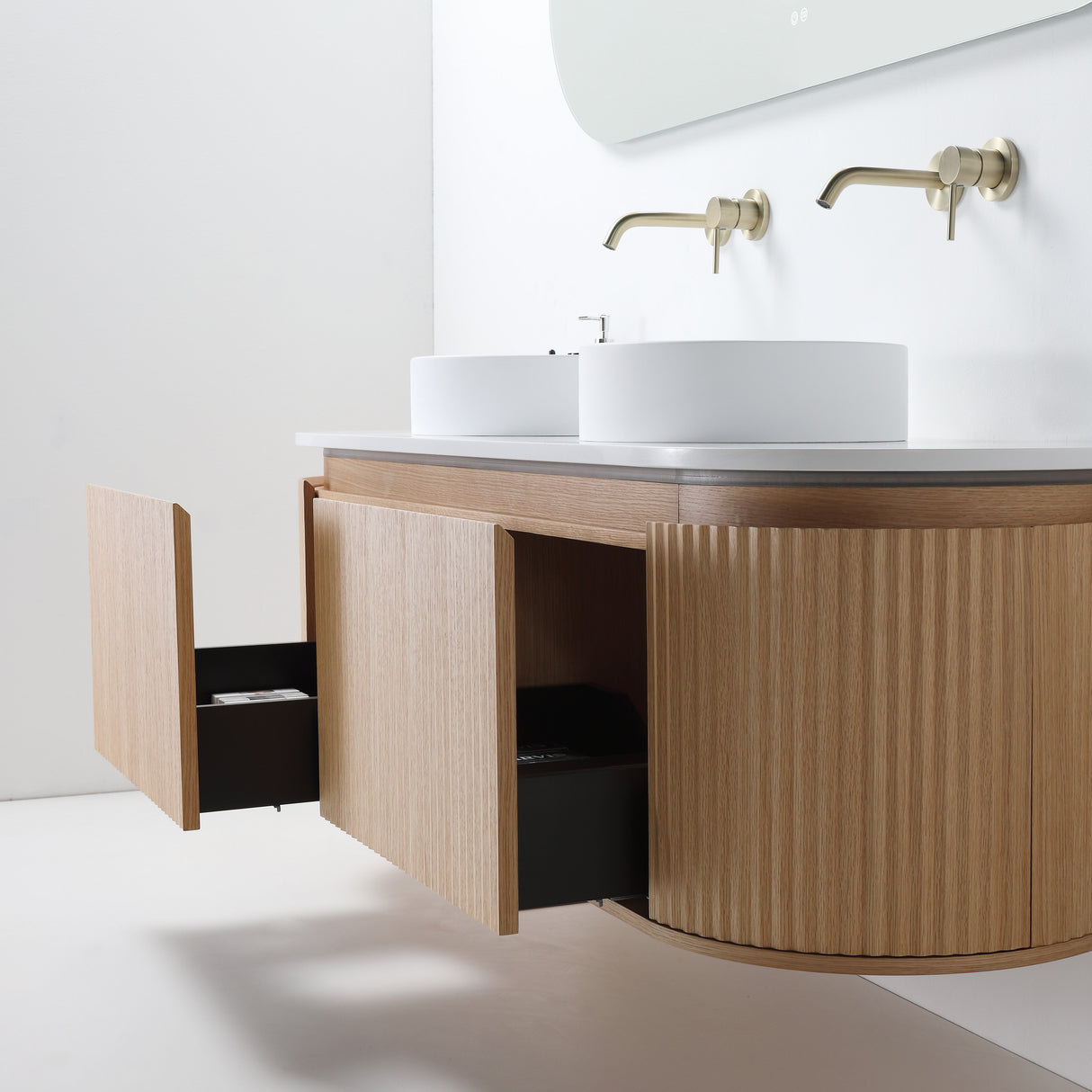 ZURE SAINOS Wall Hung Curve Vanity Natural Oak side view 1