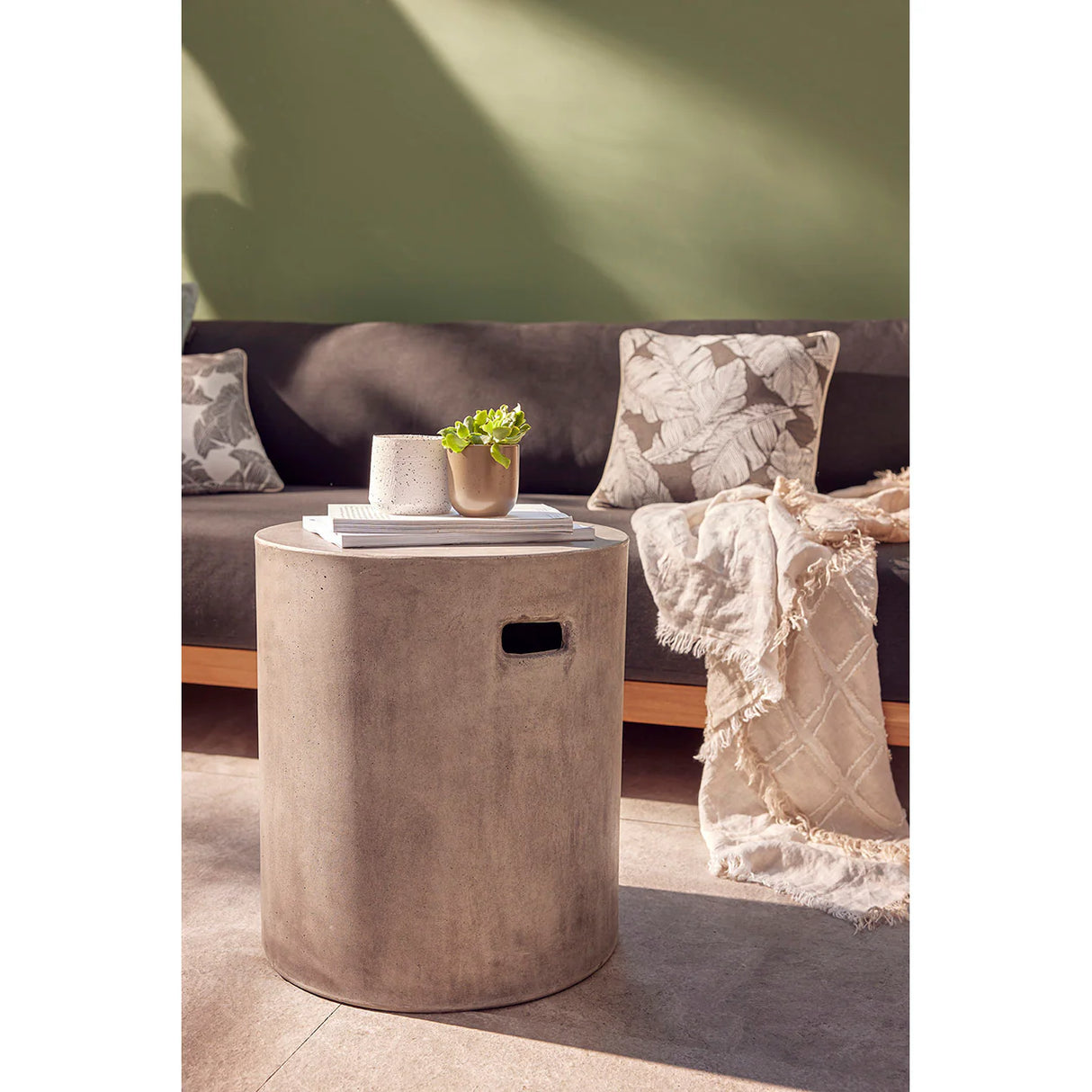 Zen Outdoor Concrete Round Stool in Weathered Cement/White