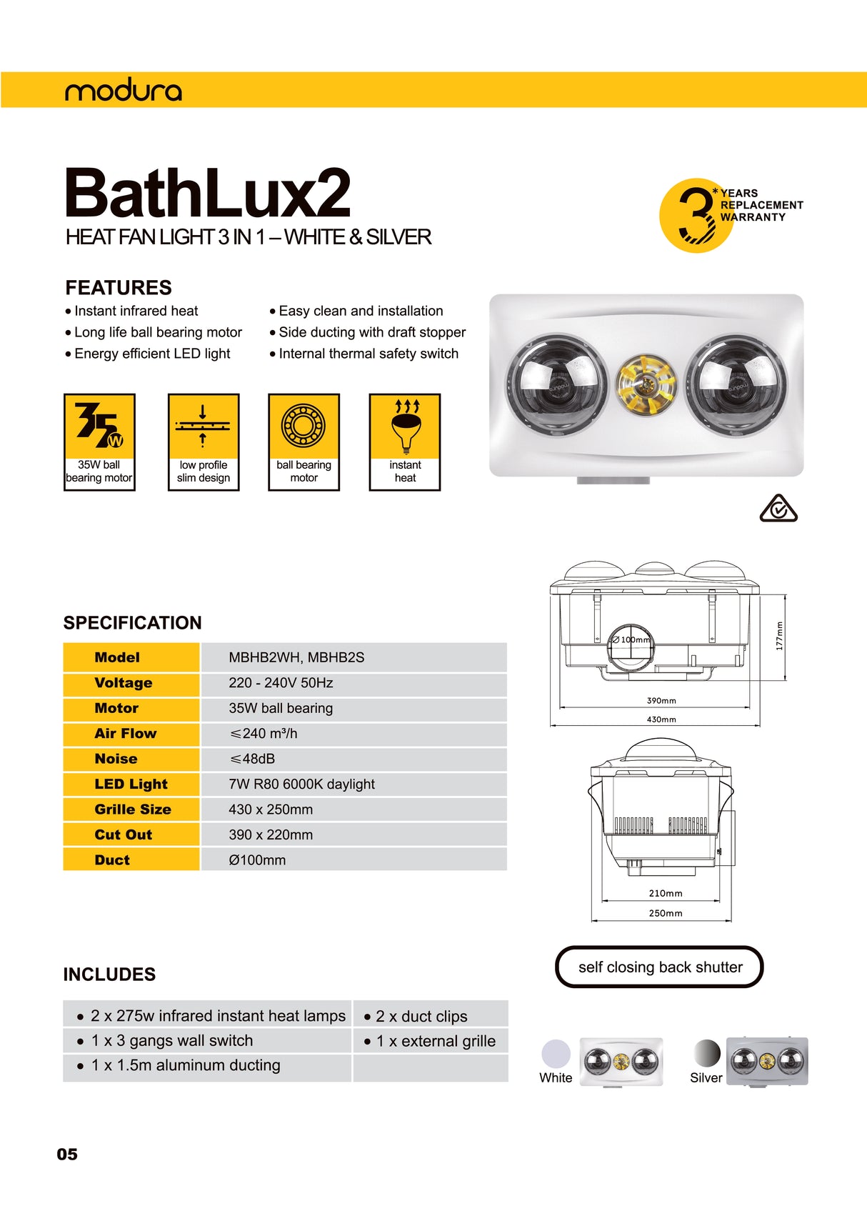 MODURA BathLux2 Silver Exhaust Fan With 8w Led Light
