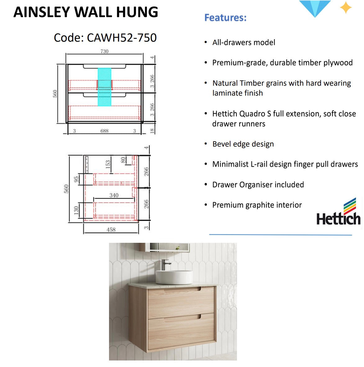 AINSLEY Wall Hung Vanity Mia Oak (All Sizes)