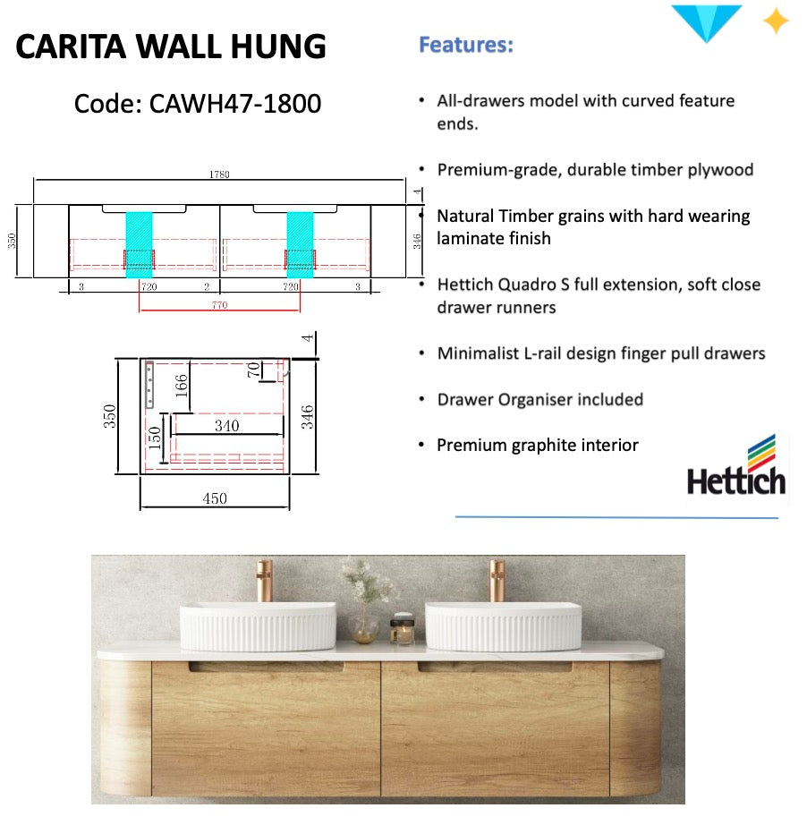 CARITA Wall Hung Curved Vanity Oak (All Sizes)