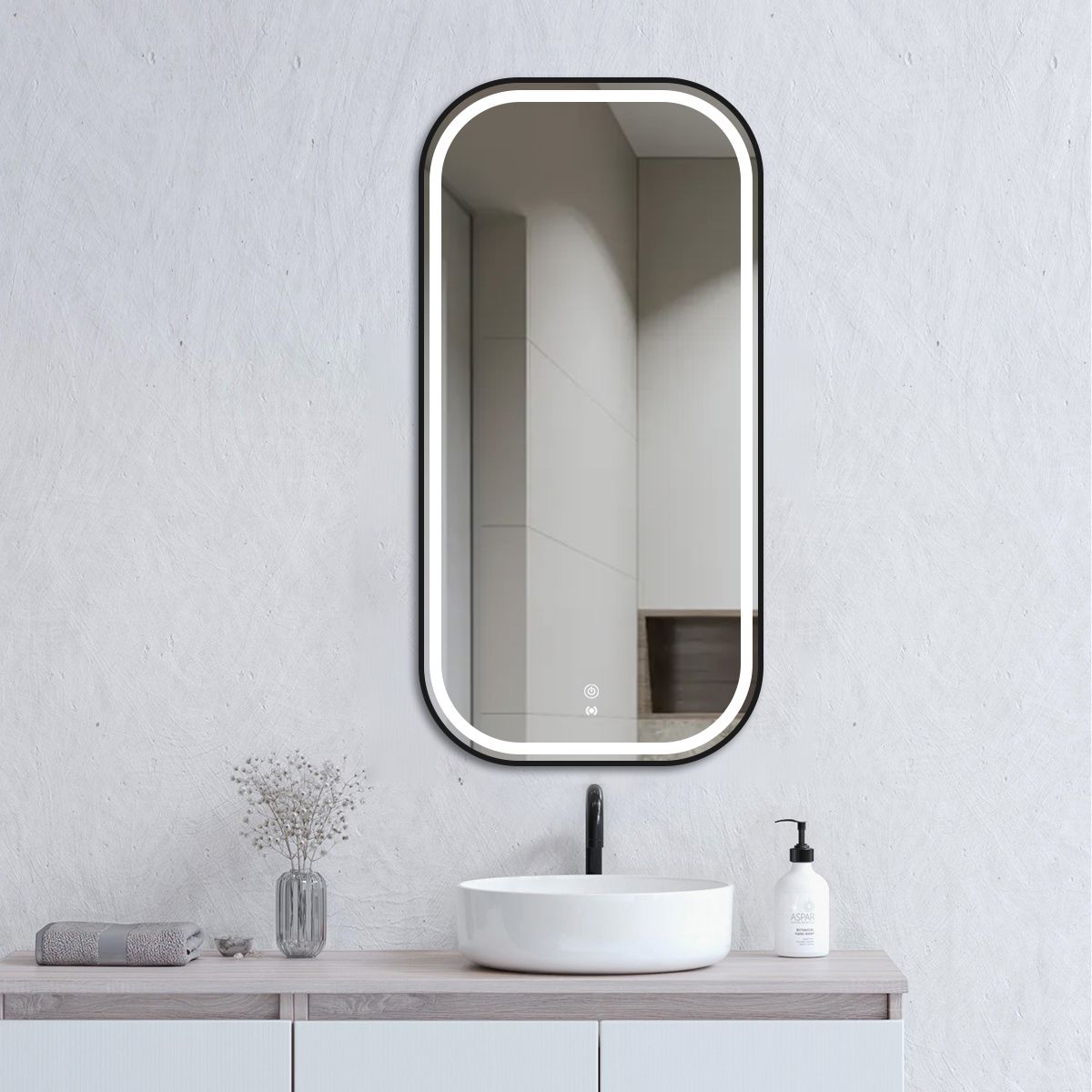 NEWPORT Backlit LED Soft Square Metal Frame Mirror 900x450mm Matte Black
