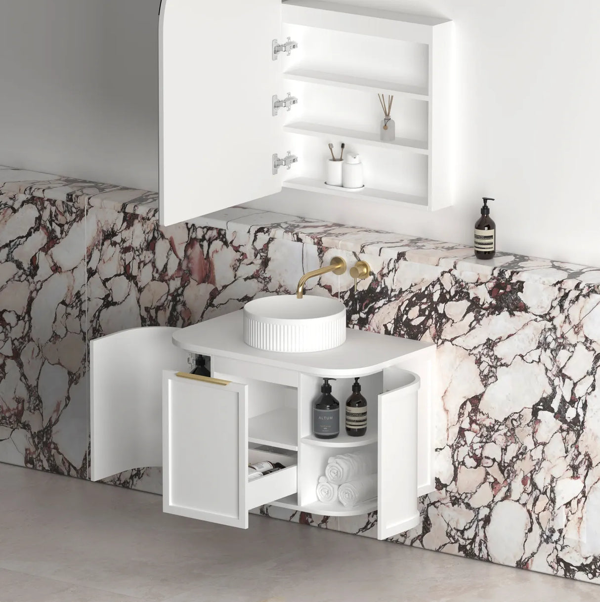 Lancaster Wall Hung Curve Vanity Satin White (All Size)