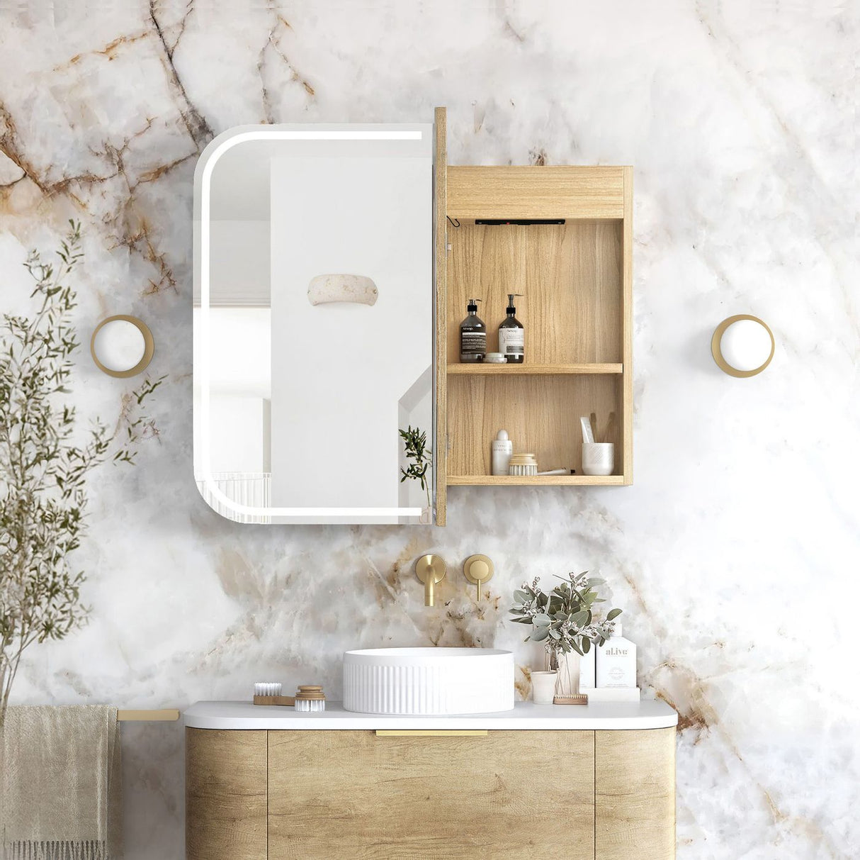 NEWPORT Natural Oak Front-Lit LED Soft Square Shaving Cabinet (Optional Sizes)