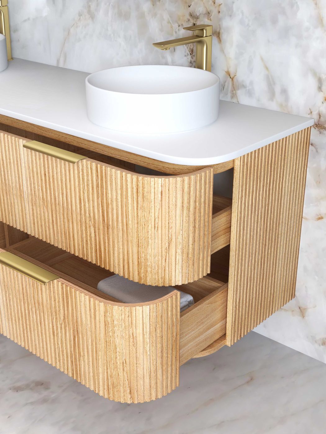 HAVANA Fluted Curved Wall Hung Vanity Woodland Oak (All Sizes)